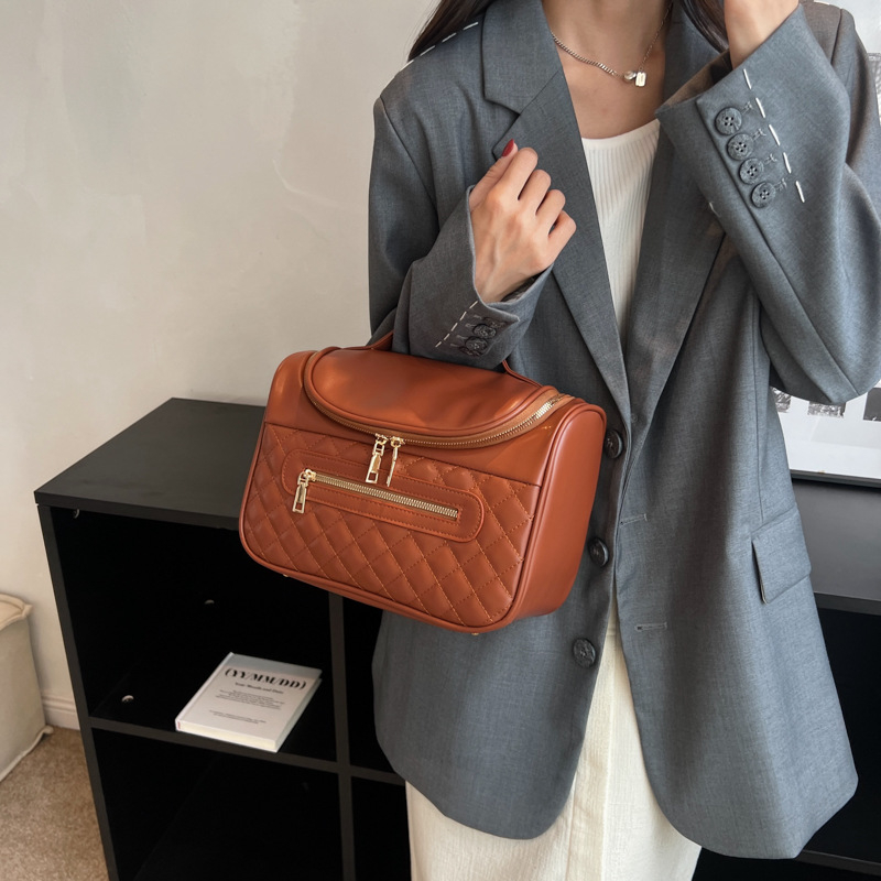Utazó kozmetikai táska, PU bőr, cipzár, textil bélés, városi egyszerű stílus