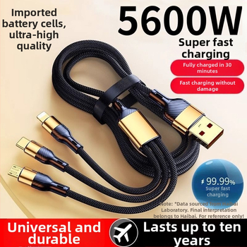 3-v-1 USB dátový kábel 100W, pre Apple, Android a Type-C – auto nabíjačka kábel, 6A