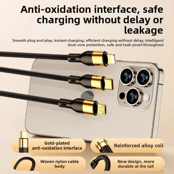3-v-1 USB dátový kábel 100W, pre Apple, Android a Type-C – auto nabíjačka kábel, 6A