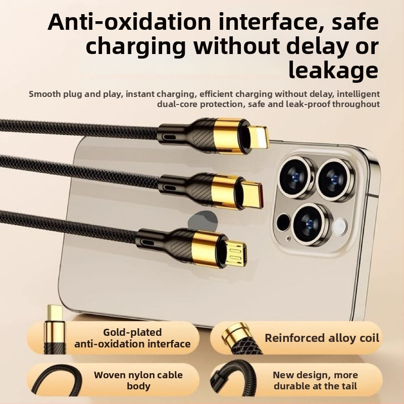 3-v-1 USB dátový kábel 100W, pre Apple, Android a Type-C – auto nabíjačka kábel, 6A