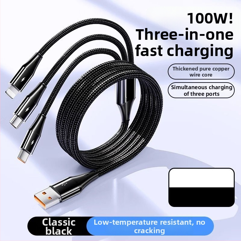 3-v-1 USB dátový kábel 100W, pre Apple, Android a Type-C – auto nabíjačka kábel, 6A