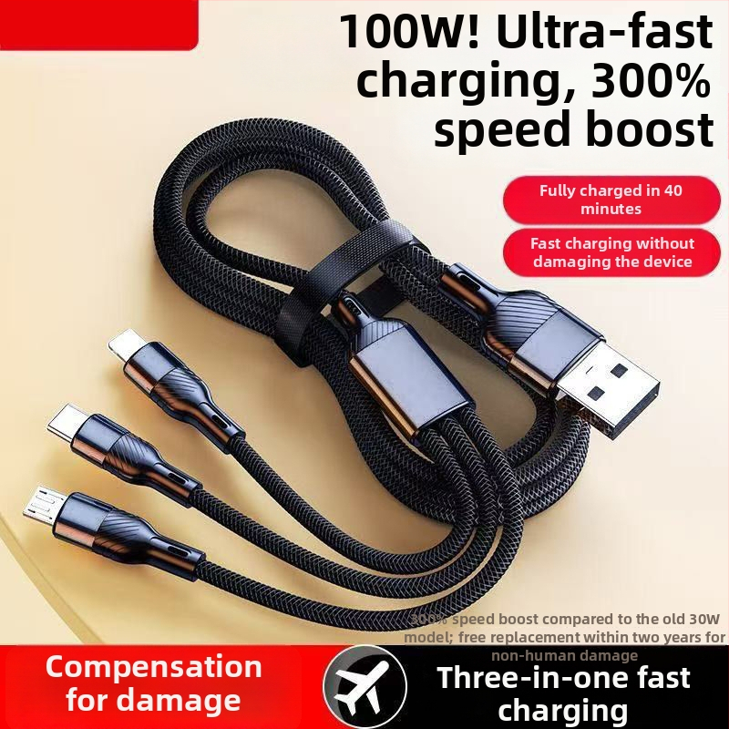 3-v-1 USB dátový kábel 100W, pre Apple, Android a Type-C – auto nabíjačka kábel, 6A