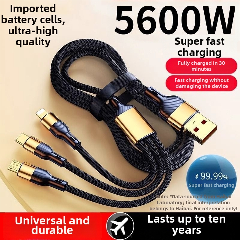 3-v-1 USB dátový kábel 100W, pre Apple, Android a Type-C – auto nabíjačka kábel, 6A