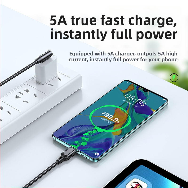 USB uholový dátový kábel pre rýchle nabíjanie s rozhraniami Lightning, Micro USB a Type-C; dĺžky 0,5/1/2 m; maximálny prúd 5A.