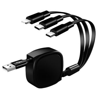 3-v-1 vysúvateľný automobilový dátový kábel s konektormi Lightning, Micro USB a USB-C pre mobilné telefóny, dĺžka 1-2 m