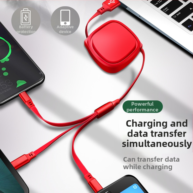 3-v-1 vysúvateľný automobilový dátový kábel s konektormi Lightning, Micro USB a USB-C pre mobilné telefóny, dĺžka 1-2 m