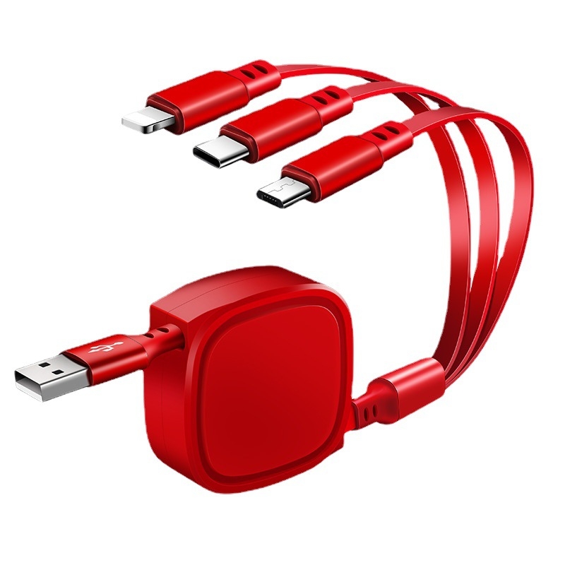 3-v-1 vysúvateľný automobilový dátový kábel s konektormi Lightning, Micro USB a USB-C pre mobilné telefóny, dĺžka 1-2 m