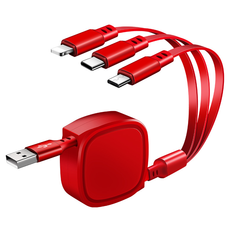 3-v-1 vysúvateľný automobilový dátový kábel s konektormi Lightning, Micro USB a USB-C pre mobilné telefóny, dĺžka 1-2 m
