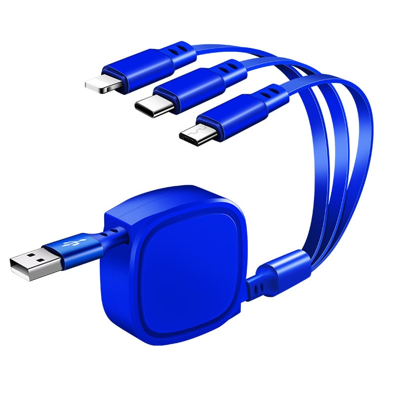 3-v-1 vysúvateľný automobilový dátový kábel s konektormi Lightning, Micro USB a USB-C pre mobilné telefóny, dĺžka 1-2 m