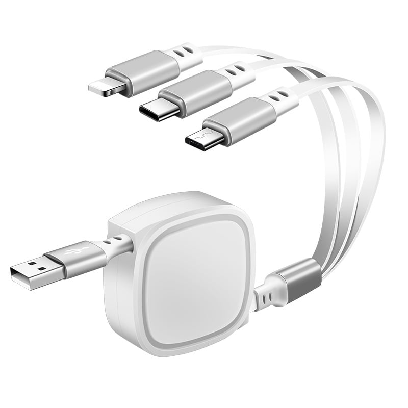 3-v-1 vysúvateľný automobilový dátový kábel s konektormi Lightning, Micro USB a USB-C pre mobilné telefóny, dĺžka 1-2 m