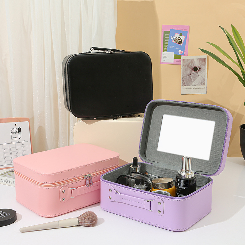 Kozmetički neseser sa ogledalom, PU koža, vodootporan, velik kapacitet, bez podstave