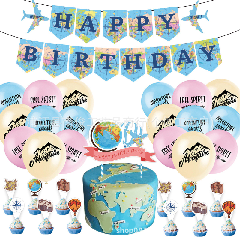 Utazás-térkép témájú parti dekoráció – Kompassz, zászlók és léggömbök, papírból készült rekvizíták a helyszín díszítéséhez születésnapra