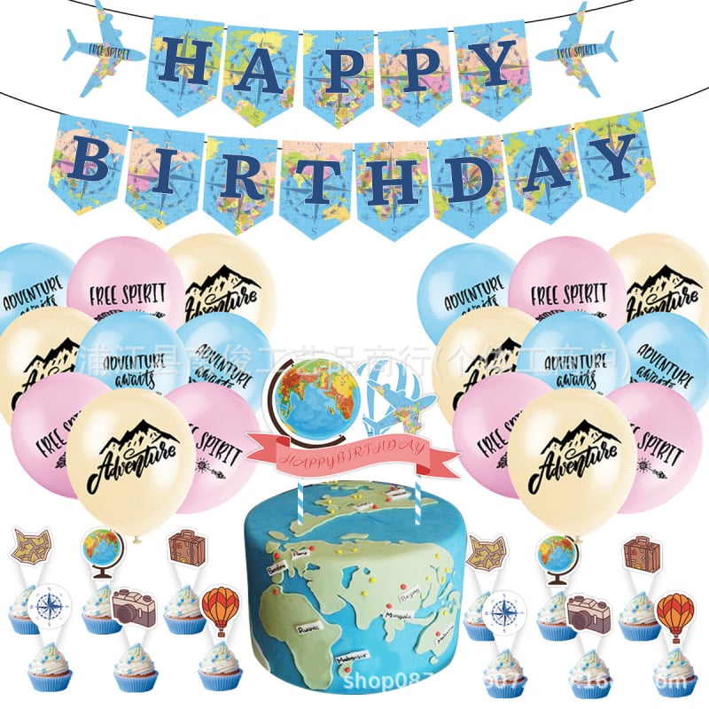 Utazás-térkép témájú parti dekoráció – Kompassz, zászlók és léggömbök, papírból készült rekvizíták a helyszín díszítéséhez születésnapra