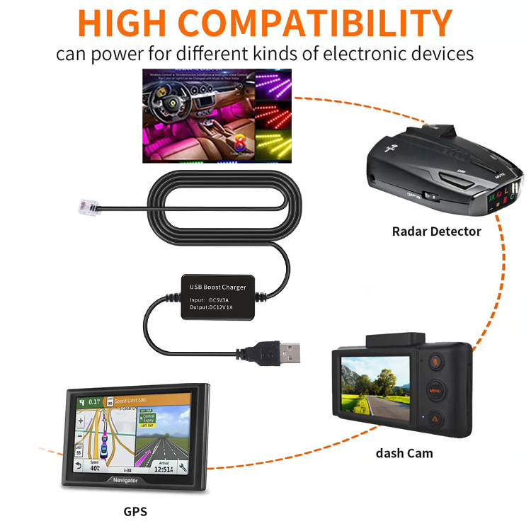 RJ11 csatlakozós DC-DC tápegység autó dash cam és radar detektor számára, 12V1A, 10W, 1,5 m