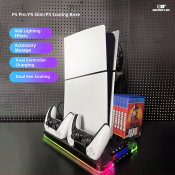 PS5 chladiaca základňa s RGB svetlami, nabíjacia stanica pre ovládač, úložisko na disky a slúchadlá (Model P58)