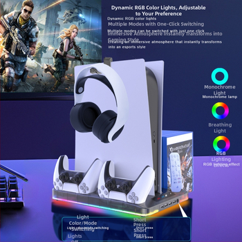 PS5 chladiaca základňa s RGB svetlami, nabíjacia stanica pre ovládač, úložisko na disky a slúchadlá (Model P58)