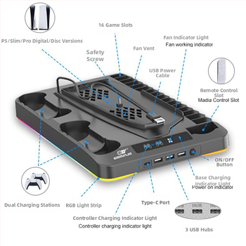 PS5 chladiaca základňa s RGB svetlami, nabíjacia stanica pre ovládač, úložisko na disky a slúchadlá (Model P58)