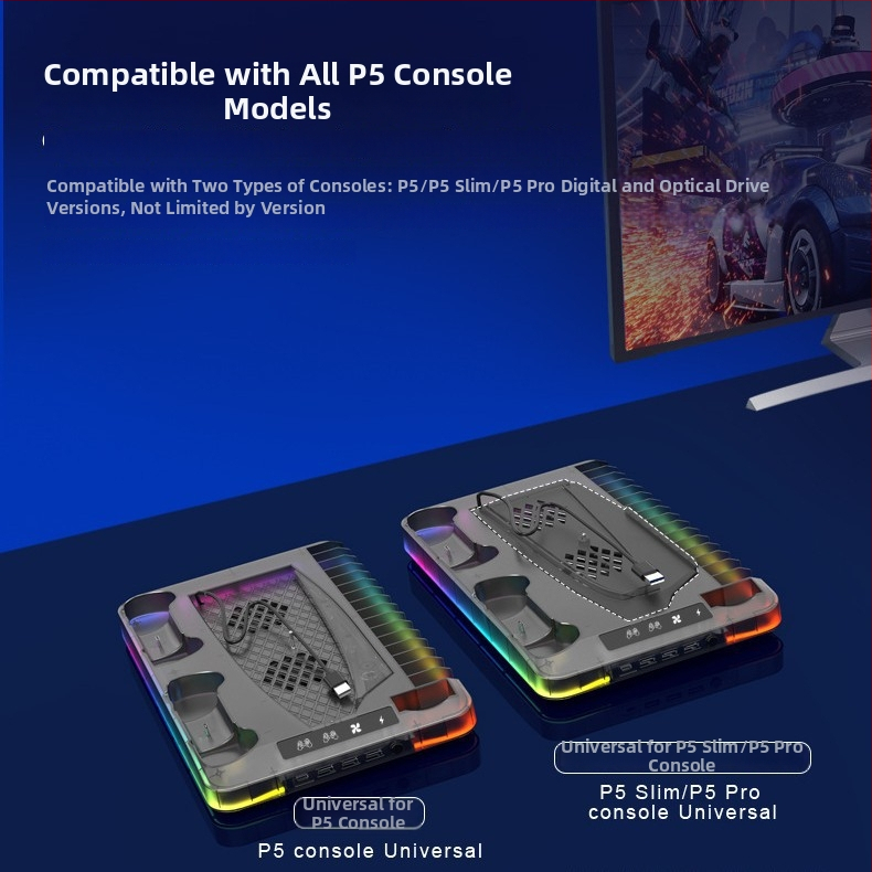PS5 chladiaca základňa s RGB svetlami, nabíjacia stanica pre ovládač, úložisko na disky a slúchadlá (Model P58)