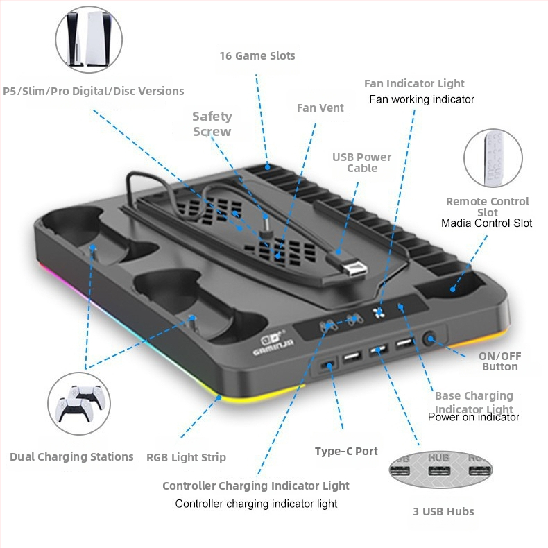 PS5 chladiaca základňa s RGB svetlami, nabíjacia stanica pre ovládač, úložisko na disky a slúchadlá (Model P58)