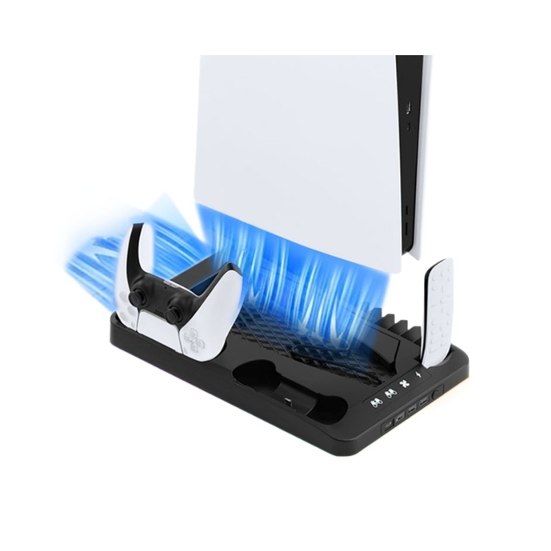 PS5 chladiaca základňa s RGB svetlami, nabíjacia stanica pre ovládač, úložisko na disky a slúchadlá (Model P58)