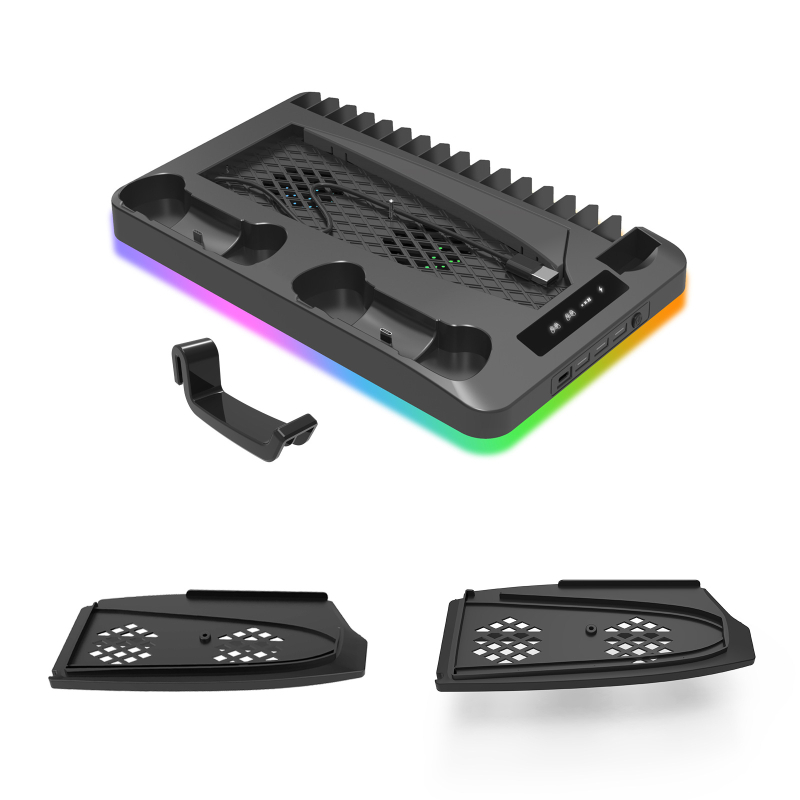 PS5 chladiaca základňa s RGB svetlami, nabíjacia stanica pre ovládač, úložisko na disky a slúchadlá (Model P58)