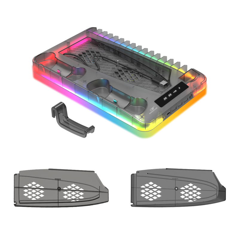 PS5 bază de răcire cu lumini RGB, stație de încărcare pentru controlere, spațiu de stocare pentru discuri și căști (Model P58)