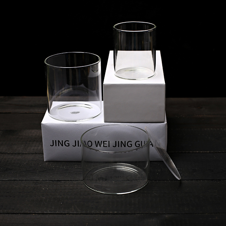 Mini stačiakampis stiklo buteliukas su akrilo dangteliu samanos mikro kraštovaizdžiui — borosilikato stiklas, Jing Jiao, kartoninė pakuotė, stalinis demonstravimas