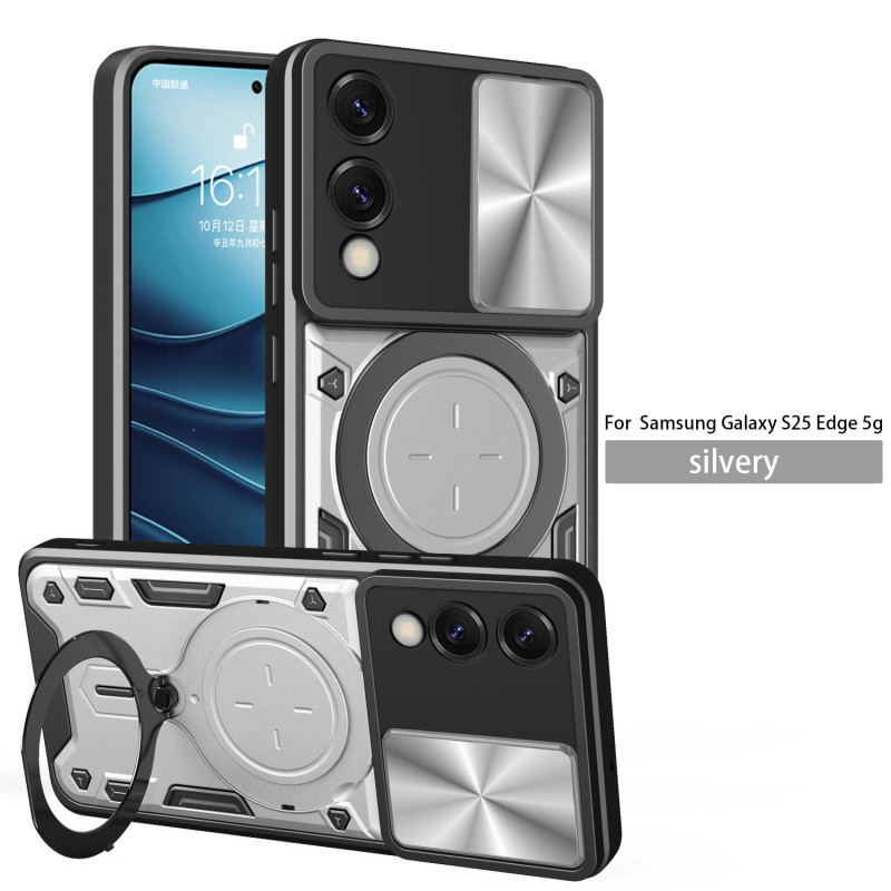 Carcasă de protecție pentru Samsung S25 Edge 5G cu inel magnetic și suport, design 2-n-1, husă TPU+PC, protecție anti-cădere