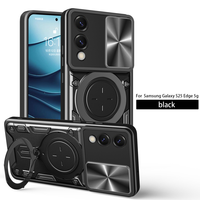 Carcasă de protecție pentru Samsung S25 Edge 5G cu inel magnetic și suport, design 2-n-1, husă TPU+PC, protecție anti-cădere