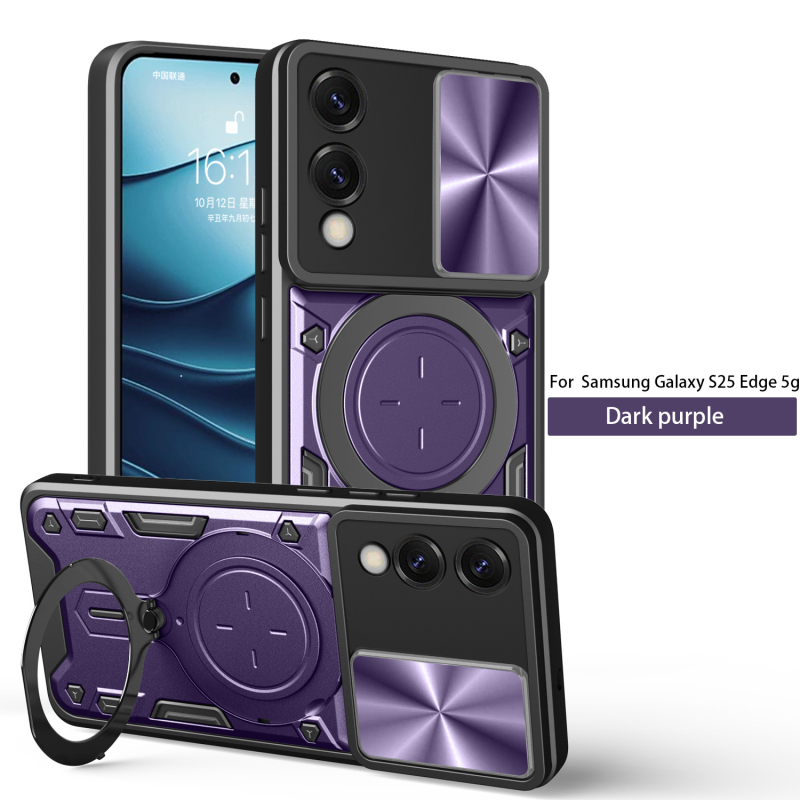 Carcasă de protecție pentru Samsung S25 Edge 5G cu inel magnetic și suport, design 2-n-1, husă TPU+PC, protecție anti-cădere