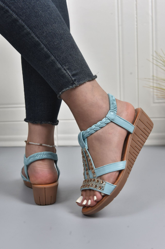 Romėniški sandalai su elastine juosta, viršus iš audinio, gumos padas, vidus iš dirbtinės odos, piršto forma: žuvies burna