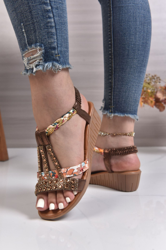 Romėniški sandalai su elastine juosta, viršus iš audinio, gumos padas, vidus iš dirbtinės odos, piršto forma: žuvies burna