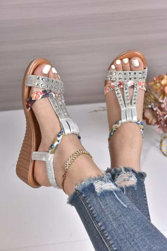 Romėniški sandalai su elastine juosta, viršus iš audinio, gumos padas, vidus iš dirbtinės odos, piršto forma: žuvies burna