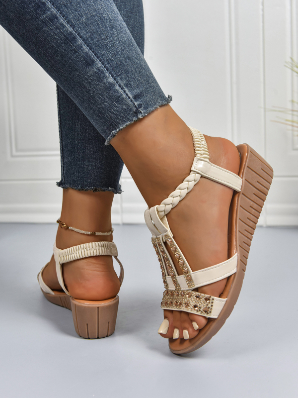 Romėniški sandalai su elastine juosta, viršus iš audinio, gumos padas, vidus iš dirbtinės odos, piršto forma: žuvies burna