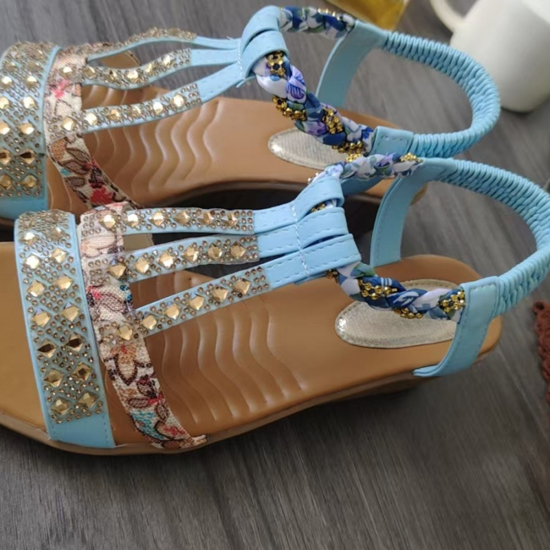 Romėniški sandalai su elastine juosta, viršus iš audinio, gumos padas, vidus iš dirbtinės odos, piršto forma: žuvies burna