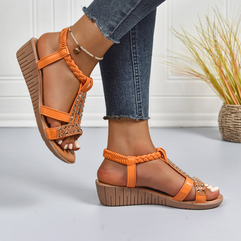 Romėniški sandalai su elastine juosta, viršus iš audinio, gumos padas, vidus iš dirbtinės odos, piršto forma: žuvies burna