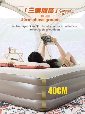 Išorinei kempingo stovyklai tinkama pripučiama lova su aukštu pūkuotu paviršiumi, automatinis pripūtimas, sveria 7,5 kg, maksimali apkrova 450 kg