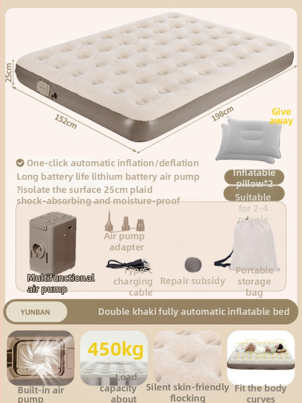 Išorinei kempingo stovyklai tinkama pripučiama lova su aukštu pūkuotu paviršiumi, automatinis pripūtimas, sveria 7,5 kg, maksimali apkrova 450 kg