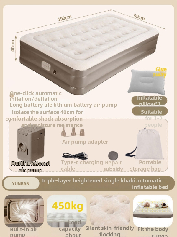 Išorinei kempingo stovyklai tinkama pripučiama lova su aukštu pūkuotu paviršiumi, automatinis pripūtimas, sveria 7,5 kg, maksimali apkrova 450 kg