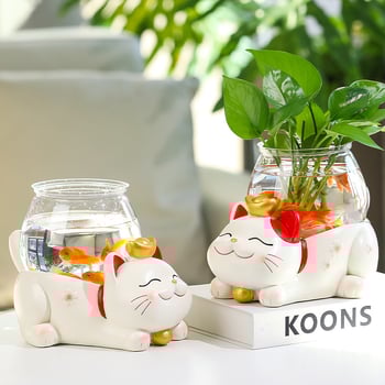 Lucky Cat υδροπονικό βάζο – ρητίνη, μοντέρνος μινιμαλιστικός σχεδιασμός, διακόσμηση γραφείου ή τραπεζιού, μικροτοπίο