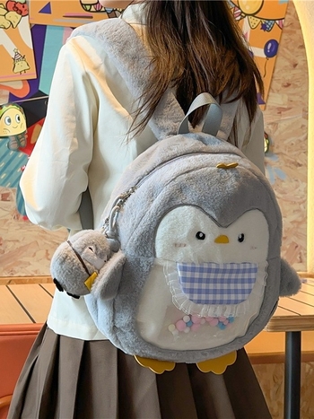 Σχολικό σακίδιο με φιγούρα πιγκουίνου από βελούδινο ύφασμα, ζωικό μοτίβο, αναπνεύσιμο σχέδιο, επένδυση πολυεστέρα, για μαθητές Γυμνασίου και άνω