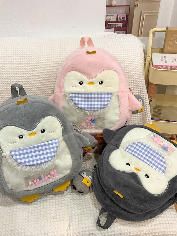 Σχολικό σακίδιο με φιγούρα πιγκουίνου από βελούδινο ύφασμα, ζωικό μοτίβο, αναπνεύσιμο σχέδιο, επένδυση πολυεστέρα, για μαθητές Γυμνασίου και άνω