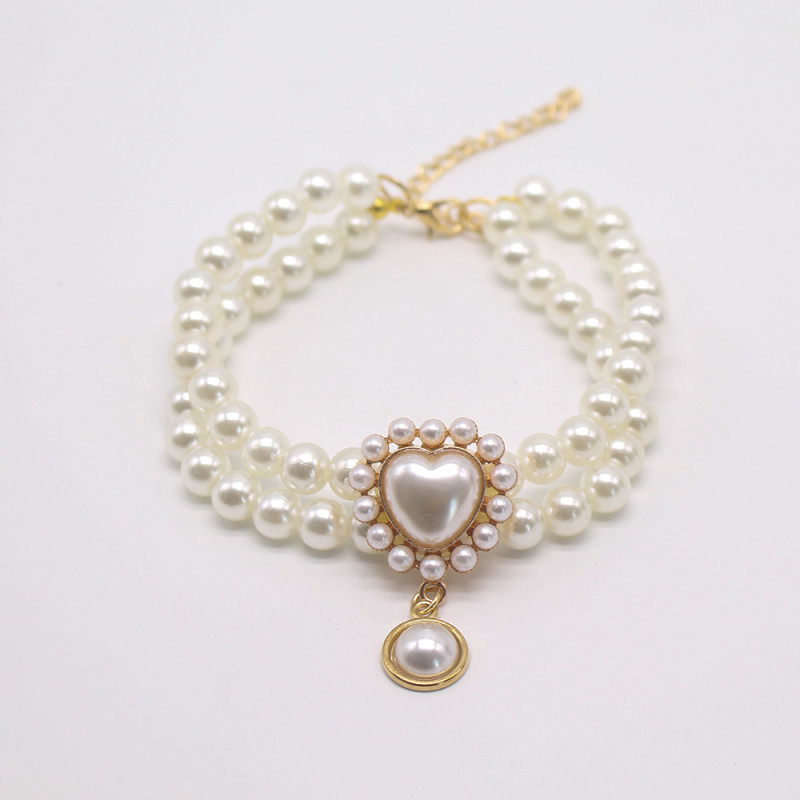 Colier dublu-strat cu perle pentru animale de companie, pandantiv cu piatră prețioasă – pentru pisici și câini, stil prințesă, model monocrom, material plastic