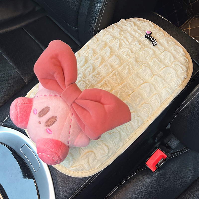 Автомобилен подлакътник с подложка за кутия – замша, съвместим с 90 модела, размери виж детайли, декоративна карикатурна фигурка