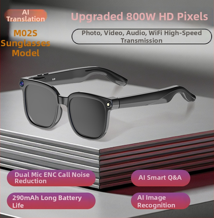 Inteligentné okuliare s 8MP kamerou so stabilizáciou na fotografovanie a nahrávanie videa; AI preklad; AI rozpoznávanie objektov; Bluetooth hudba a hovory