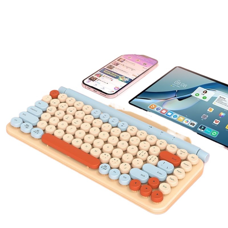 Bezdrôtová Bluetooth klávesnica s dvojitým režimom pre počítače a tablety, okrúhle klávesy, kompatibilná s Androidom a iOS, prenosná