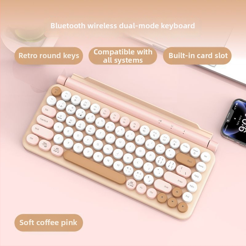Bezdrôtová Bluetooth klávesnica s dvojitým režimom pre počítače a tablety, okrúhle klávesy, kompatibilná s Androidom a iOS, prenosná