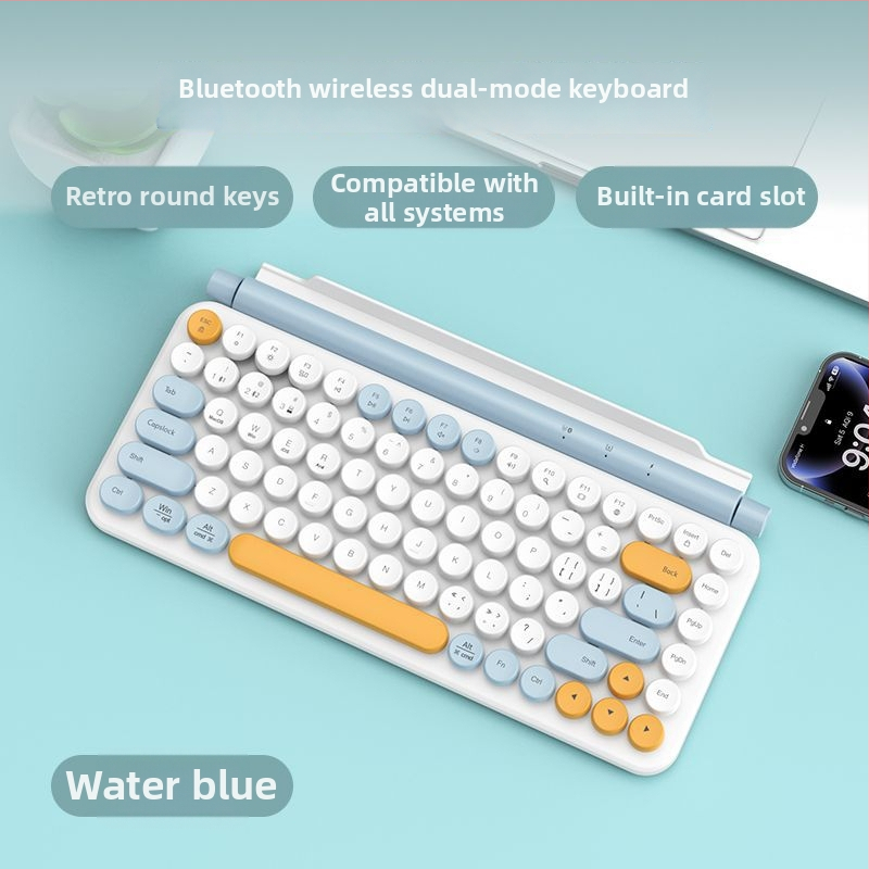 Bezdrôtová Bluetooth klávesnica s dvojitým režimom pre počítače a tablety, okrúhle klávesy, kompatibilná s Androidom a iOS, prenosná