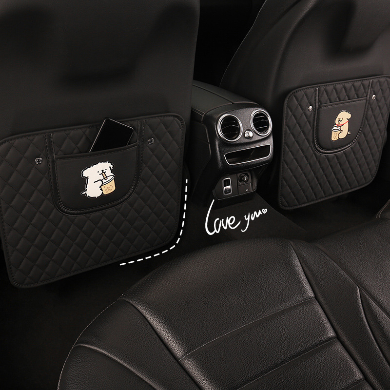 Протектор за задната облегалка на автомобилното седло със карикатурен дизайн, PU материал, пяна за пълнеж, универсален, висящ джоб за съхранение