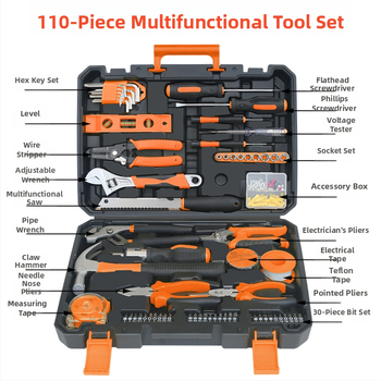 Σετ εργαλείων με 110 τεμάχια σε κουτί, για οικιακές εγκαταστάσεις, υδραυλικά, ηλεκτρολογία και ξυλουργικές επισκευές (Μάρκα: Fred; Υλικά: PP, TPR, χάλυβας άνθρακα)